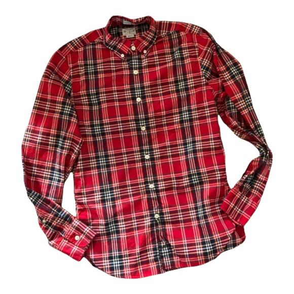 J. Crew Factory Mens Shirt S Red Navy Plaid Slim Green Yellow‎ Preppy Fit Button - Picture 2 of 6